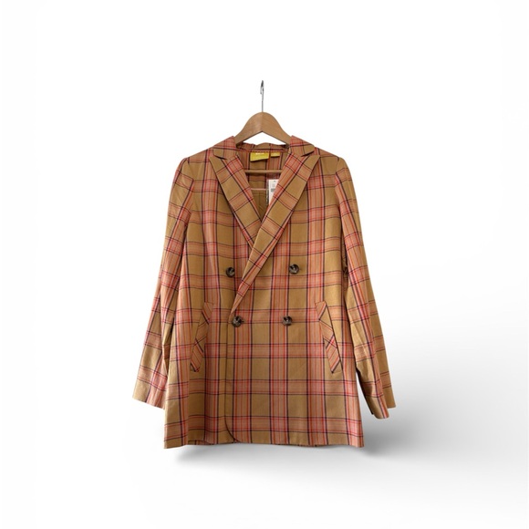 Maeve Victoria Oversized Plaid Double-Breasted Blazer Jacket Honey/Miel XS NWT - Picture 2 of 10